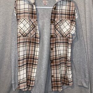 Plaid/Flannel sweater-like button up with lined hood